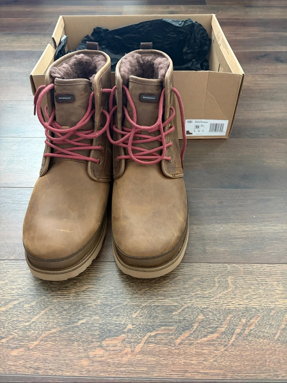 UGG Men's Brown Leather Boots with Pink Laces